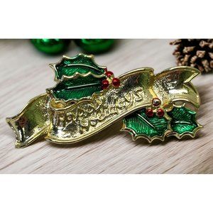 Vintage Gerrys Happy Holidays Banner Brooch Pin Holly Gold Tone Green Enamel